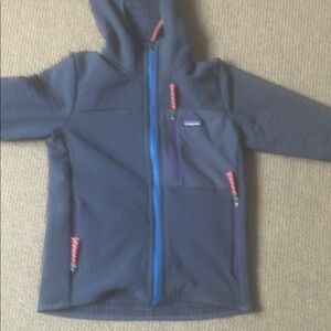 Patagonia Dark Blue Hooded Jacket with Red and Purple Accents